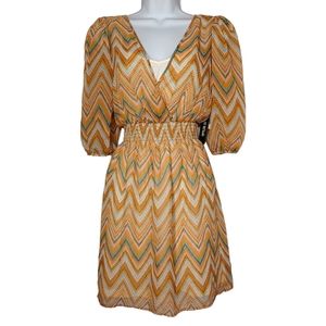 AS U WISH Colorful Chevron Stripe Print Brown Blue Smocked Dress Small NWT